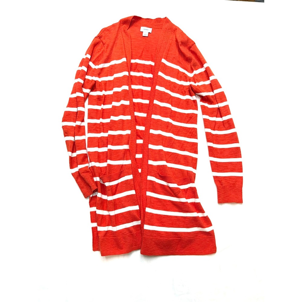 OLD NAVY Womens Medium Orange White Lightweight Stripe Tunic Cardigan Sweater R4